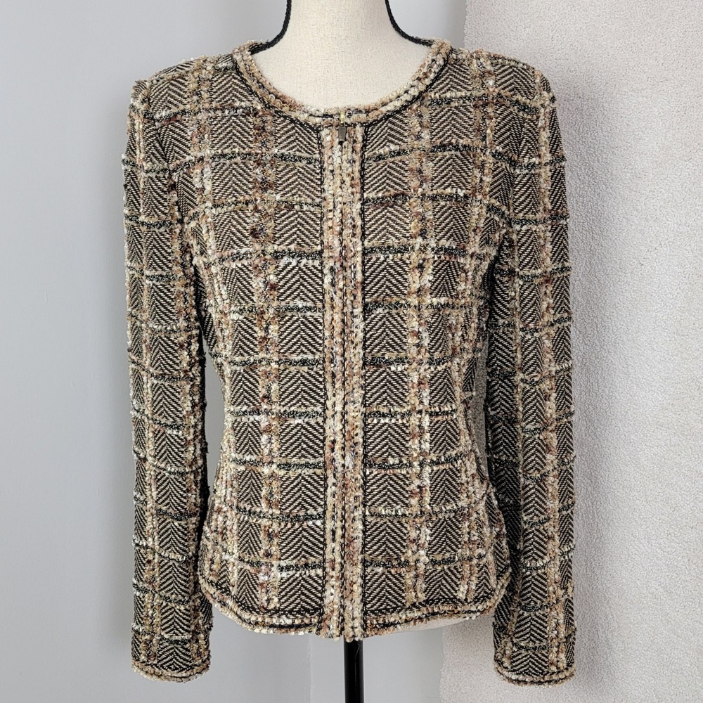 St. John Knit Jacket Women 6 Brown Chevron Plaid Metallic Zip Front Old Money - Picture 2 of 16